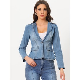 Allegra K Women Cropped Jean Jacket Long Sleeve Collarless One Button Lightweight Stretchy Fitted Denim Shacket Jackets Medium Light Blue
