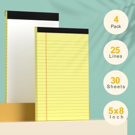 Small Note Pads 5x8 Yellow – 4 Pack, 80gsm Premium Thick Paper, 30 Sheets/ 60 Pages Per Pad, Perforated Pages Narrow Ruled Writing Pad, College Ruled Legal Notepads 5x8 for Homework, Office, Business