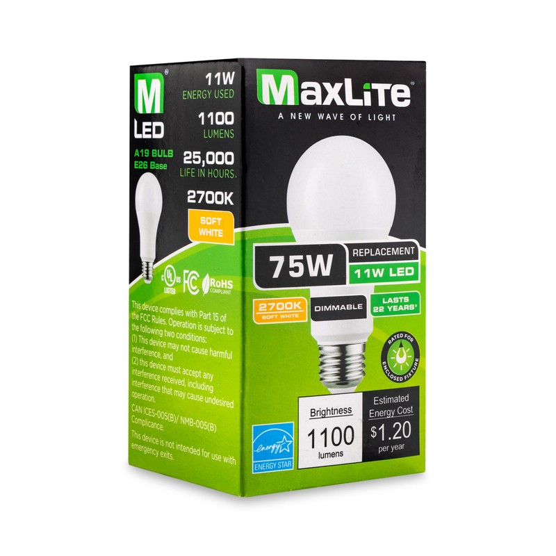 MaxLite E11A19DLED27/G8 11W LED A19 Bulb, White Finish, LED Light