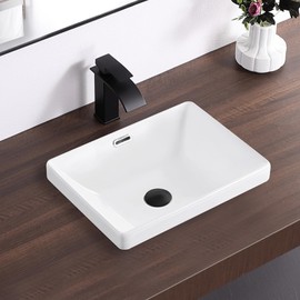 KARAMAG Small Bathroom Vessel Sink 16.7'' x 12.6'' Semi Recessed Bathroom Sink Rectangular Drop-in Vanity Sink with Overflow White Ceramic Modern Art Basin