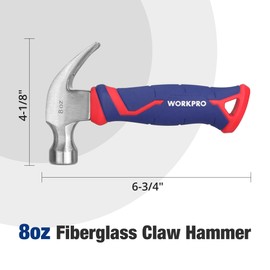 WORKPRO 8 oz Claw Hammer with Fiberglass Handle, All Purpose Hammer with Forged Hardened Steel Head