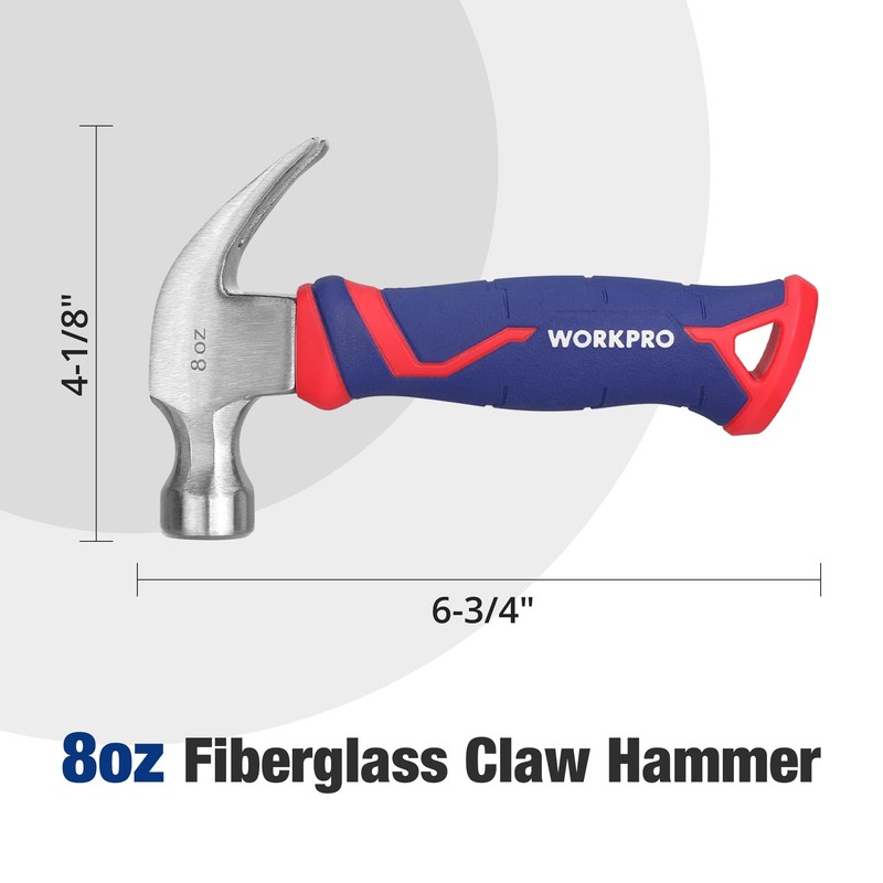 WORKPRO 8 oz Claw Hammer with Fiberglass Handle, All Purpose