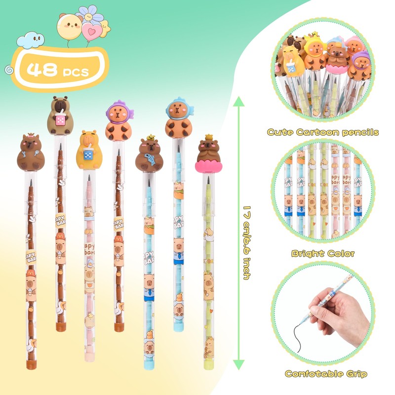48 Pieces Cute Stackable Pencils stacking Cartoon Theme Pencil Translucent