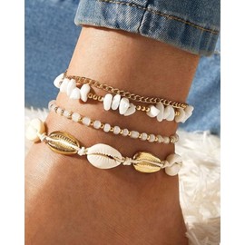 LANWLOSI Layered Gold Shell Anklets for Women Waterproof Seashell Stone Beaded Ankle Bracelets Adjustable Summer Beach Foot Chain Hawaiian Foot Jewelry Accessories