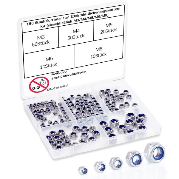 150pcs Assortment of Locking Nuts M3 M4 M5 M6 M8