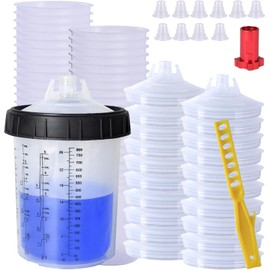 Disposable Paint Mixing Cup 27 Ounce (800ml) Kit,HVLP Paint Sprayer Gun Mixing Cups with 10 Cups and Lids System, 10 Plugs and 1 Hard Cup with Retainer Ring,Paint Stirrer (10)