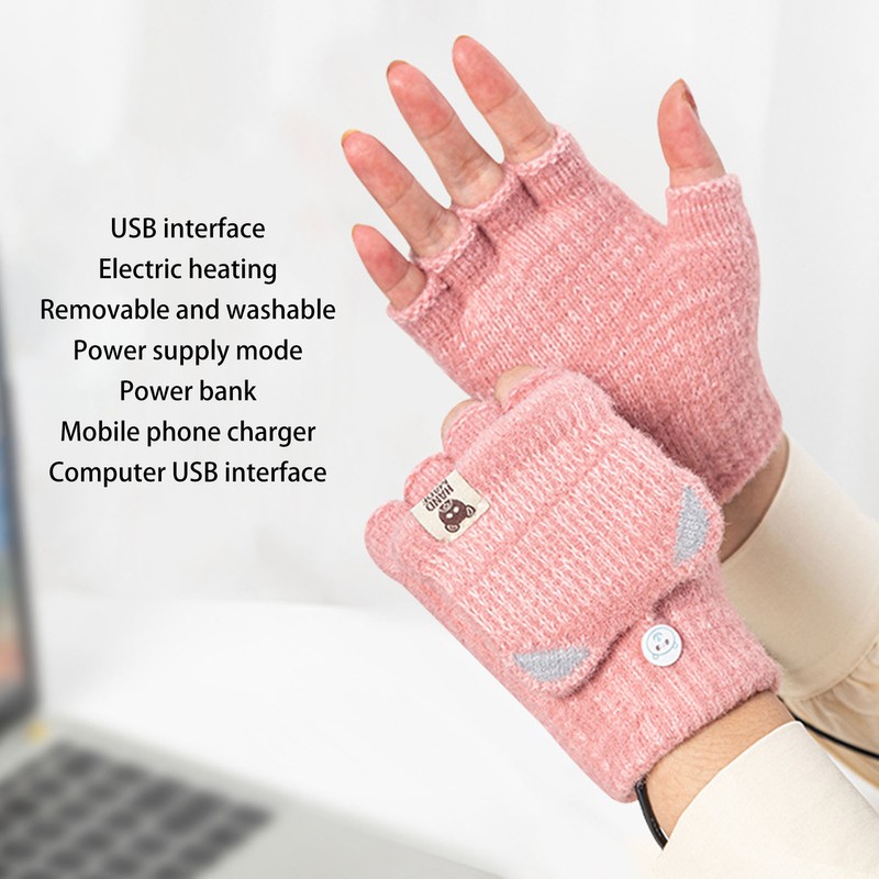 USB Heated Gloves Mitten Men Women Winter Knitted Fingerless Hand