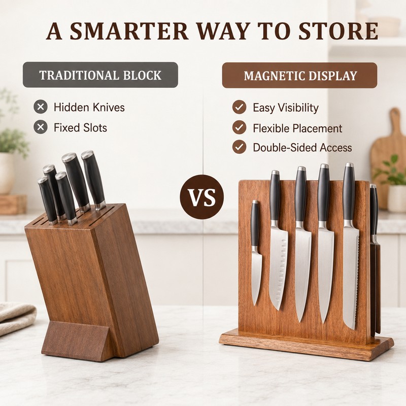 Acacia Wood Magnetic Knife Holder Stand for Kitchen Countertop