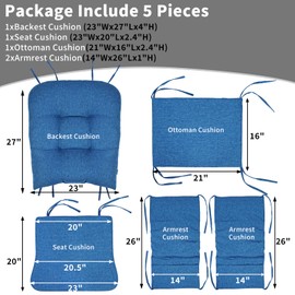 BUYUE Glider Rocker Replacement Cushion 5 PCS with Ties, Linen High-Density Foam Non-Slip & Washable Rocking Chair Pads for Sitting,Blue