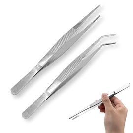 Long Tweezers, Set of 2, Stainless Steel Tip Tweezers, Straight Tweezers, with Precision Serrated Tip, Antiskid Design, for Aquascaping, Gardening, Cooking, Industrial Work (25 cm)