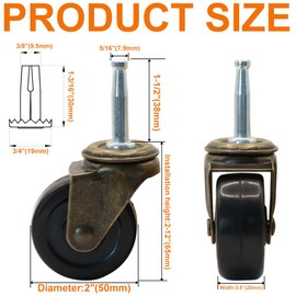 2 Inch Antique Brass Caster Wheels, Rubber Casters 5/16 Inch x 1-1/2 Inch (8 x 38mm) Stem SocketsCaster for Sofa, Chair, Cabinet, Dresser Vintage Furniture Set of 4