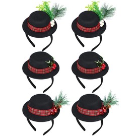 6 Pcs Tiny Christmas Headbands Mini Top Hat Headband Small Black Snowman Mistletoe Costume Headband with Plaid Band Holly and Berries for Holiday Party Craft Women