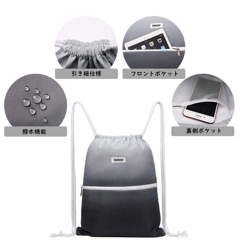 WANDF Gym Bag, Knapsack, Sports Bag, Waterproof, Large Capacity, Drawstring