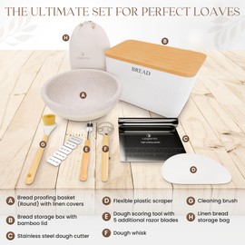 Sourdough bread making tools and supplies with 9” Round Banneton proofing basket, Bread box for kitchen countertop, Scoring tool, Danish Whisk, Dough cutter, bowl scraper, Bread bag and more