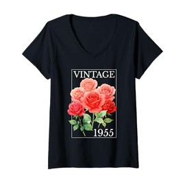 Womens Vintage 1955 Rose Flower 70 Year Old 70th Birthday Women V-Neck T-Shirt