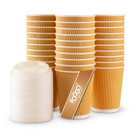 FOOGO Green 50x 8oz Disposable Paper Coffee Cups with Lids, FSC® Certified, Fully Compostable, Strong Triple-Wall Brown Paper Cups with Secure Lids, for Hot Drinks, Takeaway Coffee Cups, Party Cups