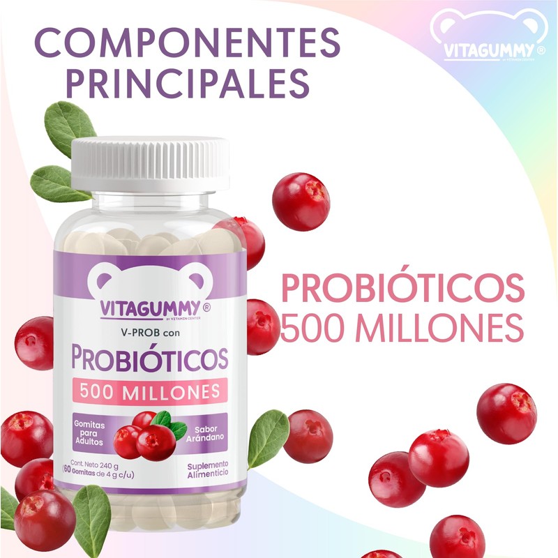 Gomitas V-PROB con probioticos sabor arandano, frasco con 60 gomitas
