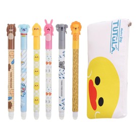Bogoro 6 Cute Cartoon Blue Ballpoint Pens 0.5 mm with Duckling Pen Bag - Erasable Pen & Cute Storage, Perfect for School & Office (Blue, 0.5 mm, Includes Duckling Bag)