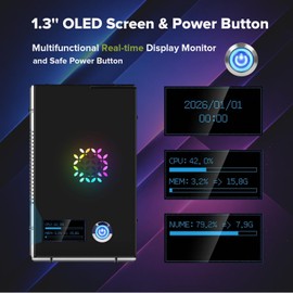 iUniker PiTower Aluminum Mini Tower Case for Raspberry Pi 5 with 1.3" OLED Display, Triple RGB Cooling Fans, NVMe SSD & PCIe Support, Safe Shutdown Power Button, RTC, All Ports Accessible (Grey)