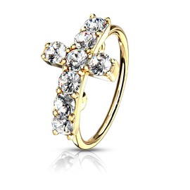 Pierced Owl 20GA Stainless Steel CZ Paved Cross Top Bendable Hoop Cartilage Helix Tragus Nose Ring (Gold tone/Clear)