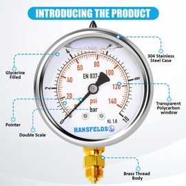 Hansfelds 0-10bar Pressure Gauge Liquid Filled 1/4'' BSP Lower Mount 63mm Dial Face satainless steel case Brass Connection Dual Scale bar/psi Accuracy1.6,2Pieces Bushing reducer 1/4"to 3/8",1/4"to1/2"