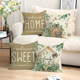 Joymaison Cushion Covers 45 x 45 cm Set of 4 Vintage Green Plants Decorative Cushion Cover Farmhouse Eucalyptus Leaves Spring Summer Decorative Cushion Cover for Sofa Couch Bedroom Living Room