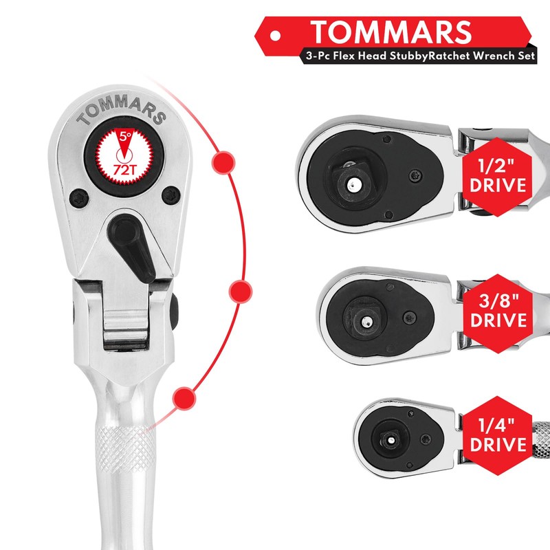 TOMMARS Flex-Head Stubby Ratchet Set, 1/4", 3/8", 1/2" Drive Flexible