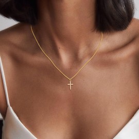 Yatumery Cross Necklace, 14K Gold Plated Cross Pendant Necklace Dainty Cross Charm Link Chain Choker Delicate Diamond Faith Jewelry Religious Gifts for Women