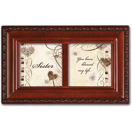 Sister Blessed My Life Woodgrain Rope Trim Jewelry Music Box Plays You Light Up My Life