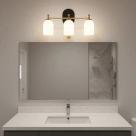 Meadows Three Light Brushed Gold Bathroom Vanity Wall Light 20.5 In White Frosted Glass Contemporary DesignColor: as Pic Color