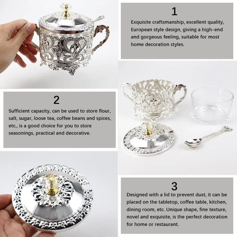 Unbranded Sugar Bowl with Lid and Spoon Silver Iron &