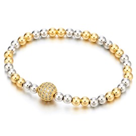 COOLSTEELANDBEYOND Beautiful Gold Silver Two-Tone Beads Bracelet for Women with Cubic Zirconia Ball(CA)