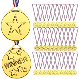 Hysgscwd 30Pcs Gold Plastic Winner Award Medals, Plastic Medal with Neck Ribbons for Student Rewards, Winner Participation Medals for Party Decoration, Games Competition, Sports, Activity, Talent Show