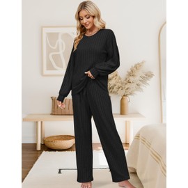 Blooming Jelly Womens Cute 2 Piece Pajama Sets Cotton Ribbed Matching Lounge Sets Long Sleeve Sleepwear (XXL, Black)