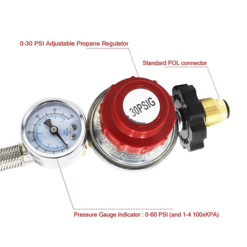 MCAMPAS 12FT 0-30 PSI High Pressure Adjustable Propane Regulator with