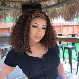 Punmasa Headband Wig Human Hair Deep Wave Chocolate Brown Headband Wigs for black women Glueless Wigs Human Hair Machine Made 150% Density headband wig human hair with Headbands (14Inch)