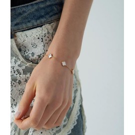 Lucky Four Leaf Clover Bracelet for Women Charm Bracelet Stackable for Women - 18K Gold Plated Dainty Jewelry, Black+White