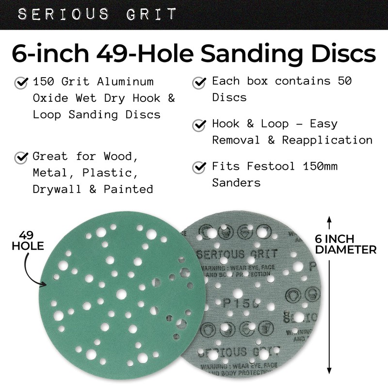 Serious Grit - 6-Inch 49-Hole 150 Grit Sanding Discs -