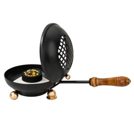 Large Smoking pan [Diameter 4.33 inch, Length Approx. 9.84 inch], Made of Iron, matt Black, with Removable Sieve and Wooden Handle