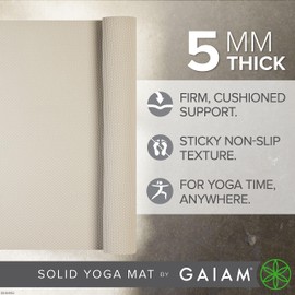 Gaiam Yoga Mat - Premium 5mm Solid Thick Non Slip Exercise & Fitness Mat for All Types of Yoga, Pilates & Floor Workouts (68" x 24" x 5mm)