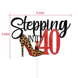 Stepping Into - Decoración para 40 tartas, decoración de fiesta de cumpleaños 40, decoración de mujer de cuarenta años, patrón de tacón alto de leopardo, purpurina de doble cara