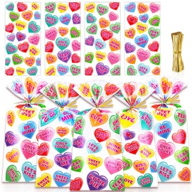 HOWAF 100pcs Conversation Heart Cellophane Treat Bags, Valentine's Day Candy Gift Bags with Twist Ties for Valentines Heart Party Favor Supplies, Valentines Day Goodie Bags Gift Wrapping Bags, 4 Design