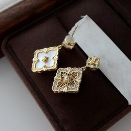 AOWVUTS Gold Drop Earrings for Women 18k Gold Four-leaf Clover Earrings Double-sided Lucky Flower Dangly Earrings Hypoallergenic 3A Cubic Zirconia Dangle Earrings Vintage Jewelry Gift (White)