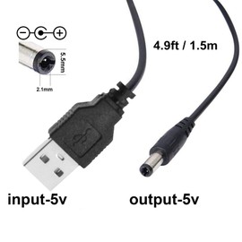 USB DC 5V to DC 5V Cable - USB to 5V Voltage Power Supply Cable with DC Jack 5.5 x 2.1mm for Fan, Table Lamp, Bluetooth Audio, Wireless Router, Speakers & More(4.9ft), DC-5V-to-5V