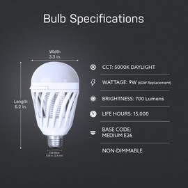 Feit Electric LED Bug Zapper Light Bulb, 60W Replacement, E26 Base, 700 Lumen, 2in1 Light Bulb and Zapper, 5000K Daylight, 15,000-Hour Lifetime, C60/950CA/BZ/LED