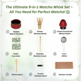 Annie & Mia Design Matcha Whisk Set (9pcs), Japanese Tea Matcha Set includes Ceramic Matcha Bowl, Bamboo Matcha Whisk(chasen), Ceramic Matcha Whisk holder, Bamboo Matcha Spoon (chashaku). Red color.