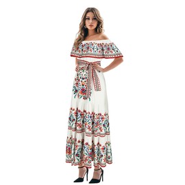 Womens Mexican Fiesta Dress Cinco De Mayo Spanish Cuban Dress with Belt(Small,White)
