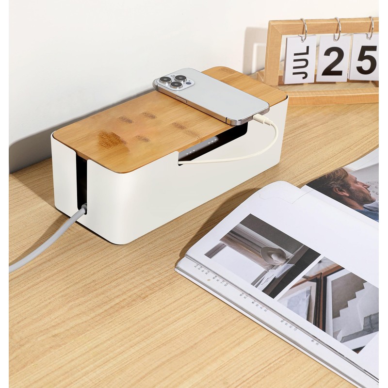 BUYSK ABS Cord Organizer Box with Wooden Lid, Cable Management