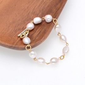 14K Golden Wire Beaded Freshwater Baroque Pearls Bracelet for Women, Toggle Clasp / 7.5"