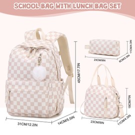 ACESAK Backpack for Girls - Corduroy Girls Backpack with Lunch Bag & Pencil Pouch for Teen Kids Laptop Backpack for Women, Middle High School Bookbag Travel Daypack (Beige Chessboard)